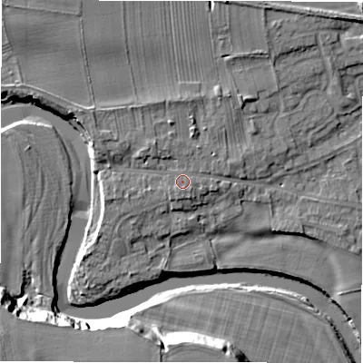 Shaded relief map of the ground around DL107HF, computed from Environment Agency LiDAR. The ground here sits at about 69 m above sea level and falls 26 m across the surrounding 800 m. Surface water reaching this point runs off ground lying to the south-south-west, 0.8 m higher.