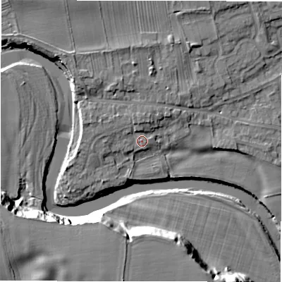 Shaded relief map of the ground around DL107HH, computed from Environment Agency LiDAR. The ground here sits at about 67 m above sea level and falls 26 m across the surrounding 800 m. Surface water reaching this point runs off ground lying to the north, 2.1 m higher.
