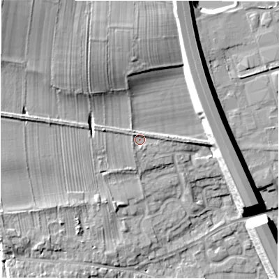 Shaded relief map of the ground around DL107HL, computed from Environment Agency LiDAR. The ground here sits at about 70 m above sea level and falls 20 m across the surrounding 800 m. Surface water reaching this point runs off ground lying to the north-west, 1.4 m higher.