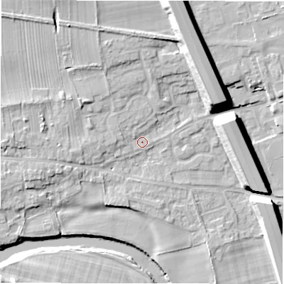 Shaded relief map of the ground around DL107HN, computed from Environment Agency LiDAR. The ground here sits at about 66 m above sea level and falls 17 m across the surrounding 800 m. Surface water reaching this point runs off ground lying to the north-north-west, 4.2 m higher.