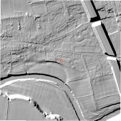 Shaded relief map of the ground around DL107HP, computed from Environment Agency LiDAR. The ground here sits at about 66 m above sea level and falls 23 m across the surrounding 800 m. Surface water reaching this point runs off ground lying to the east, 0.6 m higher.