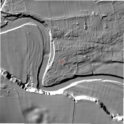 Shaded relief map of the ground around DL107HQ, computed from Environment Agency LiDAR. The ground here sits at about 67 m above sea level and falls 28 m across the surrounding 800 m. Surface water reaching this point runs off ground lying to the north-north-west, 1.3 m higher.