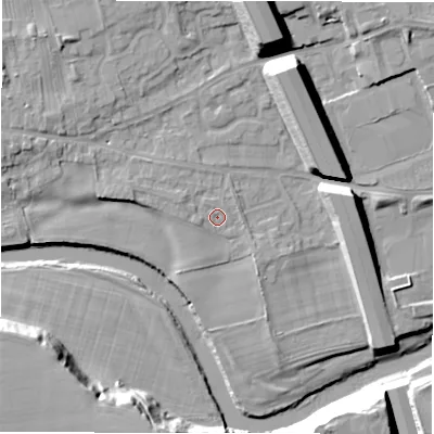 Shaded relief map of the ground around DL107HR, computed from Environment Agency LiDAR. The ground here sits at about 65 m above sea level and falls 21 m across the surrounding 800 m. Surface water reaching this point runs off ground lying to the west-north-west, 1.5 m higher.