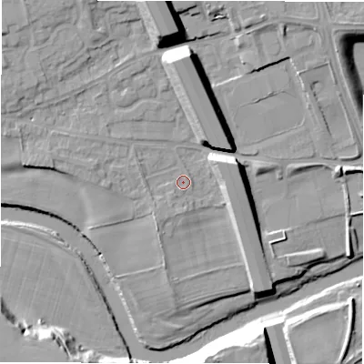 Shaded relief map of the ground around DL107HT, computed from Environment Agency LiDAR. The ground here sits at about 64 m above sea level and falls 20 m across the surrounding 800 m. Surface water reaching this point runs off ground lying to the south-west, 1.5 m higher.