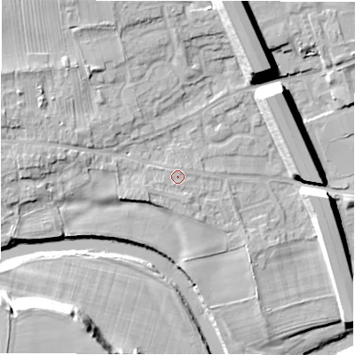Shaded relief map of the ground around DL107HW, computed from Environment Agency LiDAR. The ground here sits at about 66 m above sea level and falls 22 m across the surrounding 800 m. Surface water reaching this point runs off ground lying to the south-south-west, 0.6 m higher.