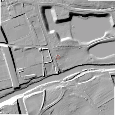 Shaded relief map of the ground around DL107HX, computed from Environment Agency LiDAR. The ground here sits at about 62 m above sea level and falls 23 m across the surrounding 800 m. Surface water reaching this point runs off ground lying to the north-north-west, 6.2 m higher.