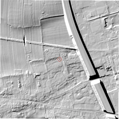 Shaded relief map of the ground around DL107JP, computed from Environment Agency LiDAR. The ground here sits at about 69 m above sea level and falls 17 m across the surrounding 800 m. Surface water reaching this point runs off ground lying to the west-north-west, 2.5 m higher.