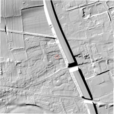 Shaded relief map of the ground around DL107JR, computed from Environment Agency LiDAR. The ground here sits at about 66 m above sea level and falls 16 m across the surrounding 800 m. Surface water reaching this point runs off ground lying to the north, 12.8 m higher.