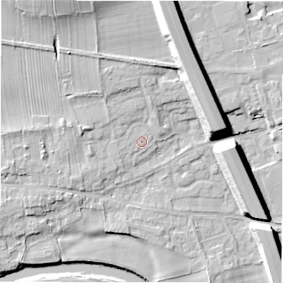Shaded relief map of the ground around DL107JW, computed from Environment Agency LiDAR. The ground here sits at about 67 m above sea level and falls 17 m across the surrounding 800 m. Surface water reaching this point runs off ground lying to the west-north-west, 0.8 m higher.