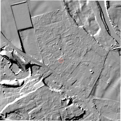 Shaded relief map of the ground around DL107JZ, computed from Environment Agency LiDAR. The ground here sits at about 53 m above sea level and falls 17 m across the surrounding 800 m. Surface water reaching this point runs off ground lying to the west, 10.8 m higher.