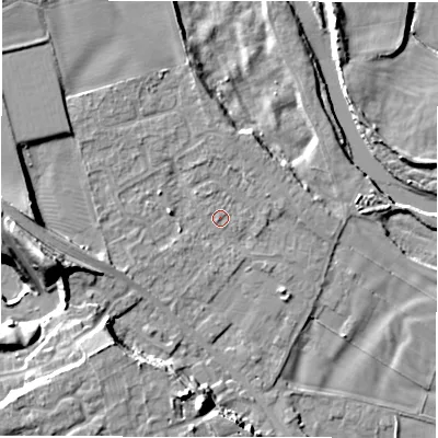 Shaded relief map of the ground around DL107LB, computed from Environment Agency LiDAR. The ground here sits at about 52 m above sea level and falls 19 m across the surrounding 800 m. Surface water reaching this point runs off ground lying to the west-north-west, 0.6 m higher.