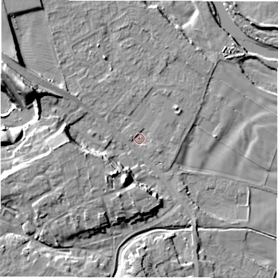Shaded relief map of the ground around DL107LD, computed from Environment Agency LiDAR. The ground here sits at about 51 m above sea level and falls 17 m across the surrounding 800 m. Surface water reaching this point runs off ground lying to the west-north-west, 1.5 m higher.