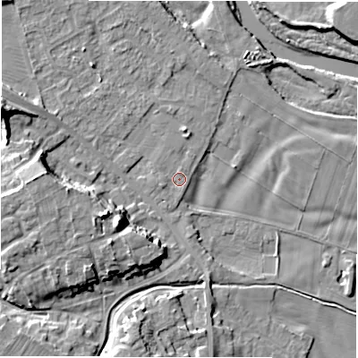 Shaded relief map of the ground around DL107LF, computed from Environment Agency LiDAR. The ground here sits at about 51 m above sea level and falls 16 m across the surrounding 800 m. Surface water reaching this point runs off ground lying to the west-south-west, 1.1 m higher.