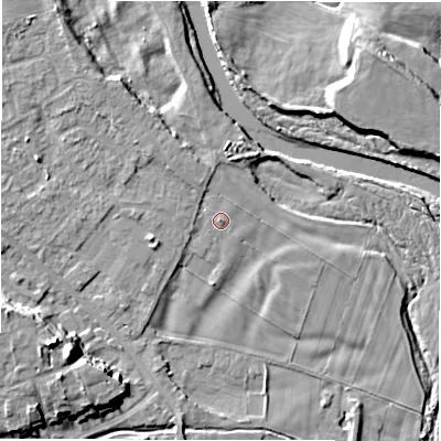 Shaded relief map of the ground around DL107LG, computed from Environment Agency LiDAR. The ground here sits at about 51 m above sea level and falls 17 m across the surrounding 800 m. Surface water reaching this point runs off ground lying to the west-north-west, 3.3 m higher.