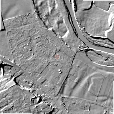 Shaded relief map of the ground around DL107LH, computed from Environment Agency LiDAR. The ground here sits at about 52 m above sea level and falls 19 m across the surrounding 800 m. Surface water reaching this point runs off ground lying to the west-north-west, 3.6 m higher.