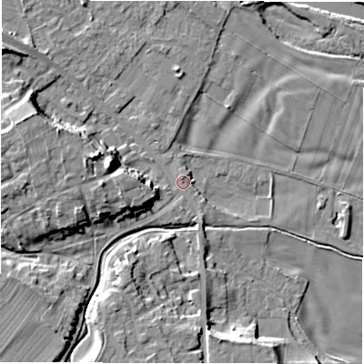 Shaded relief map of the ground around DL107LJ, computed from Environment Agency LiDAR. The ground here sits at about 52 m above sea level and falls 15 m across the surrounding 800 m. Surface water reaching this point runs off ground lying to the west, 8.5 m higher.