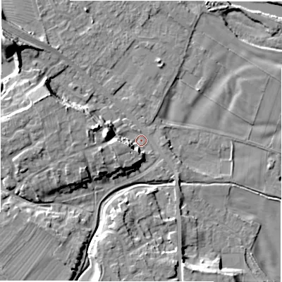 Shaded relief map of the ground around DL107LL, computed from Environment Agency LiDAR. The ground here sits at about 52 m above sea level and falls 18 m across the surrounding 800 m. Surface water reaching this point runs off ground lying to the west-north-west, 9.8 m higher.
