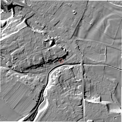 Shaded relief map of the ground around DL107LP, computed from Environment Agency LiDAR. The ground here sits at about 53 m above sea level and falls 18 m across the surrounding 800 m. Surface water reaching this point runs off ground lying to the north-west, 8.1 m higher.