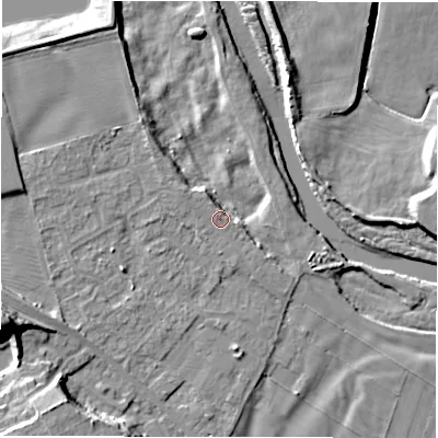 Shaded relief map of the ground around DL107LQ, computed from Environment Agency LiDAR. The ground here sits at about 53 m above sea level and falls 20 m across the surrounding 800 m. Surface water reaching this point runs off ground lying to the north-north-east, 3.6 m higher.
