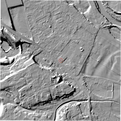 Shaded relief map of the ground around DL107LR, computed from Environment Agency LiDAR. The ground here sits at about 52 m above sea level and falls 17 m across the surrounding 800 m. Surface water reaching this point runs off ground lying to the west-north-west, 14.2 m higher.