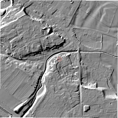 Shaded relief map of the ground around DL107NE, computed from Environment Agency LiDAR. The ground here sits at about 54 m above sea level and falls 16 m across the surrounding 800 m. Surface water reaching this point runs off ground lying to the south-south-west, 3.8 m higher.