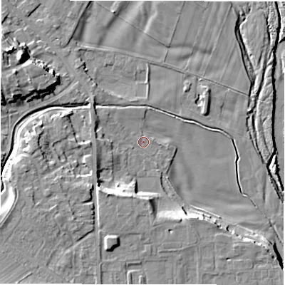 Shaded relief map of the ground around DL107NF, computed from Environment Agency LiDAR. The ground here sits at about 50 m above sea level and falls 17 m across the surrounding 800 m. Surface water reaching this point runs off ground lying to the west-south-west, 3.6 m higher.