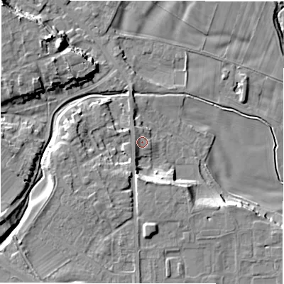 Shaded relief map of the ground around DL107NJ, computed from Environment Agency LiDAR. The ground here sits at about 52 m above sea level and falls 15 m across the surrounding 800 m. Surface water reaching this point runs off ground lying to the south-west, 1.6 m higher.