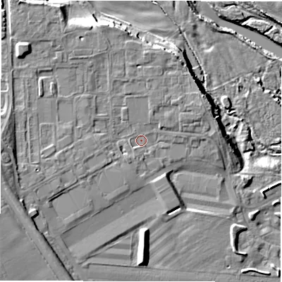 Shaded relief map of the ground around DL107NP, computed from Environment Agency LiDAR. The ground here sits at about 53 m above sea level and falls 14 m across the surrounding 800 m. Surface water reaching this point runs off ground lying to the west-south-west, 6.5 m higher.