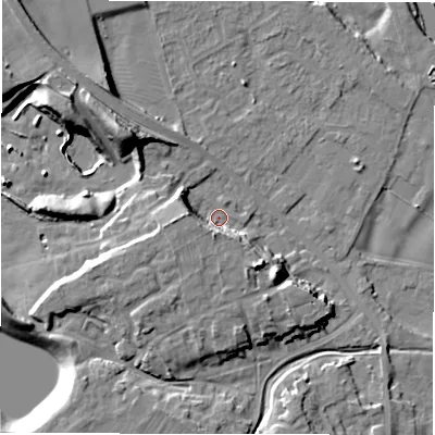 Shaded relief map of the ground around DL107NT, computed from Environment Agency LiDAR. The ground here sits at about 52 m above sea level and falls 17 m across the surrounding 800 m. Surface water reaching this point runs off ground lying to the west, 8.6 m higher.