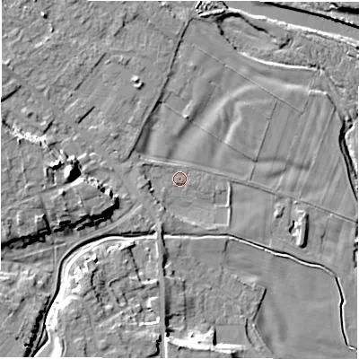 Shaded relief map of the ground around DL107NU, computed from Environment Agency LiDAR. The ground here sits at about 50 m above sea level and falls 15 m across the surrounding 800 m. Surface water reaching this point runs off ground lying to the west-south-west, 3.0 m higher.