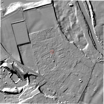 Shaded relief map of the ground around DL107NX, computed from Environment Agency LiDAR. The ground here sits at about 53 m above sea level and falls 17 m across the surrounding 800 m. Surface water reaching this point runs off ground lying to the west, 7.3 m higher.
