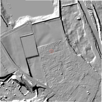 Shaded relief map of the ground around DL107PD, computed from Environment Agency LiDAR. The ground here sits at about 53 m above sea level and falls 17 m across the surrounding 800 m. Surface water reaching this point runs off ground lying to the north-north-west, 1.3 m higher.