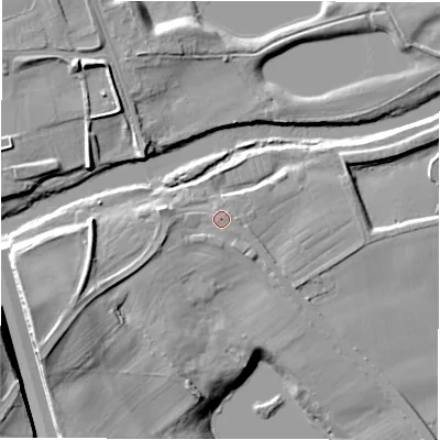 Shaded relief map of the ground around DL107PE, computed from Environment Agency LiDAR. The ground here sits at about 61 m above sea level and falls 21 m across the surrounding 800 m. Surface water reaching this point runs off ground lying to the west, 2.1 m higher.