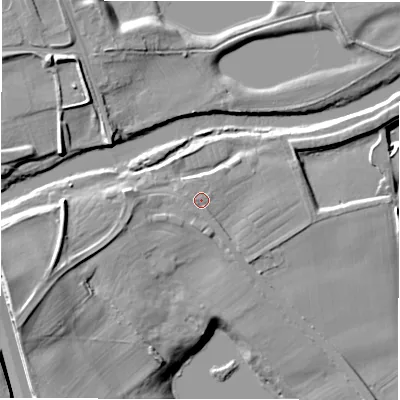 Shaded relief map of the ground around DL107PF, computed from Environment Agency LiDAR. The ground here sits at about 61 m above sea level and falls 18 m across the surrounding 800 m. Surface water reaching this point runs off ground lying to the south-west, 0.8 m higher.