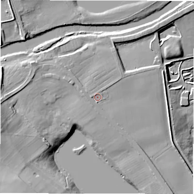 Shaded relief map of the ground around DL107PG, computed from Environment Agency LiDAR. The ground here sits at about 60 m above sea level and falls 20 m across the surrounding 800 m. Surface water reaching this point runs off ground lying to the west, 1.1 m higher.