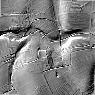 Shaded relief map of the ground around DL107PJ, computed from Environment Agency LiDAR. The ground here sits at about 80 m above sea level and falls 24 m across the surrounding 800 m. Surface water reaching this point runs off ground lying to the south-west, 16.1 m higher.