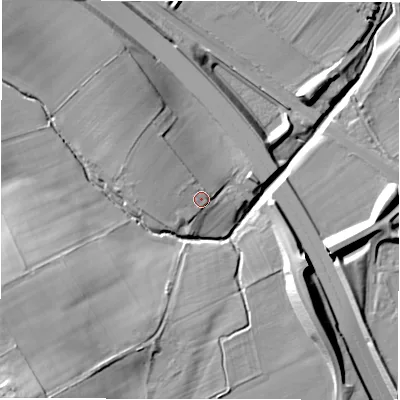 Shaded relief map of the ground around DL107PR, computed from Environment Agency LiDAR. The ground here sits at about 64 m above sea level and falls 26 m across the surrounding 800 m. Surface water reaching this point runs off ground lying to the north-west, 2.6 m higher.