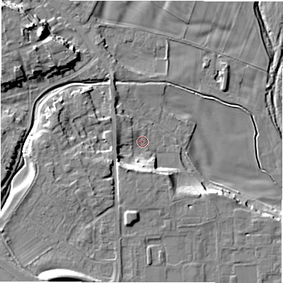 Shaded relief map of the ground around DL107PS, computed from Environment Agency LiDAR. The ground here sits at about 51 m above sea level and falls 19 m across the surrounding 800 m. Surface water reaching this point runs off ground lying to the south-west, 15.7 m higher.