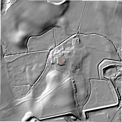 Shaded relief map of the ground around DL107PY, computed from Environment Agency LiDAR. The ground here sits at about 47 m above sea level and falls 14 m across the surrounding 800 m. Surface water reaching this point runs off ground lying to the north-east, 1.2 m higher.