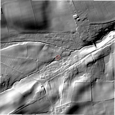 Shaded relief map of the ground around DL107QT, computed from Environment Agency LiDAR. The ground here sits at about 108 m above sea level and falls 35 m across the surrounding 800 m. Surface water reaching this point runs off ground lying to the south-west, 28.5 m higher.