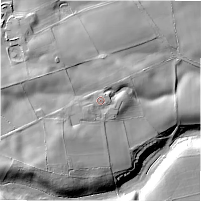 Shaded relief map of the ground around DL107RF, computed from Environment Agency LiDAR. The ground here sits at about 151 m above sea level and falls 37 m across the surrounding 800 m. Surface water reaching this point runs off ground lying to the south-west, 10.6 m higher.