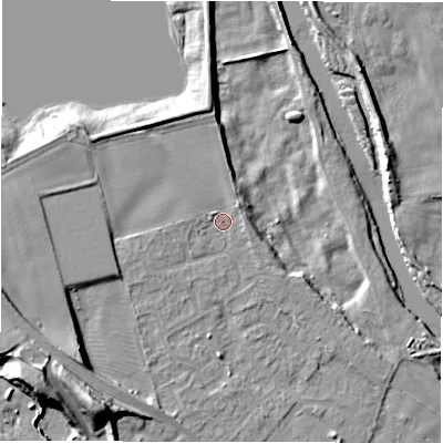 Shaded relief map of the ground around DL107RP, computed from Environment Agency LiDAR. The ground here sits at about 53 m above sea level and falls 17 m across the surrounding 800 m. Surface water reaching this point runs off ground lying to the west-south-west, 1.0 m higher.