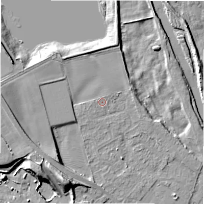 Shaded relief map of the ground around DL107RR, computed from Environment Agency LiDAR. The ground here sits at about 54 m above sea level and falls 17 m across the surrounding 800 m. Surface water reaching this point runs off ground lying to the north-north-east, 0.6 m higher.