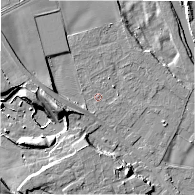 Shaded relief map of the ground around DL107RS, computed from Environment Agency LiDAR. The ground here sits at about 53 m above sea level and falls 17 m across the surrounding 800 m. Surface water reaching this point runs off ground lying to the west, 10.8 m higher.