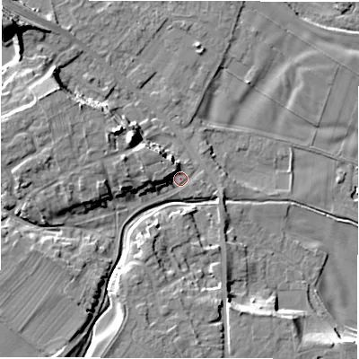 Shaded relief map of the ground around DL107RU, computed from Environment Agency LiDAR. The ground here sits at about 52 m above sea level and falls 18 m across the surrounding 800 m. Surface water reaching this point runs off ground lying to the west-north-west, 8.5 m higher.