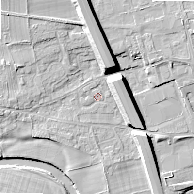 Shaded relief map of the ground around DL107SA, computed from Environment Agency LiDAR. The ground here sits at about 65 m above sea level and falls 17 m across the surrounding 800 m. Surface water reaching this point runs off ground lying to the west, 3.9 m higher.
