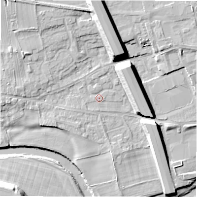 Shaded relief map of the ground around DL107SB, computed from Environment Agency LiDAR. The ground here sits at about 66 m above sea level and falls 19 m across the surrounding 800 m. Surface water reaching this point runs off ground lying to the west, 3.6 m higher.