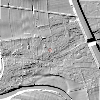 Shaded relief map of the ground around DL107SG, computed from Environment Agency LiDAR. The ground here sits at about 68 m above sea level and falls 17 m across the surrounding 800 m. Surface water reaching this point runs off ground lying to the north-north-west, 6.1 m higher.