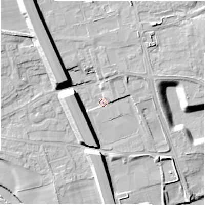 Shaded relief map of the ground around DL107SN, computed from Environment Agency LiDAR. The ground here sits at about 66 m above sea level and falls 20 m across the surrounding 800 m. Surface water reaching this point runs off ground lying to the west-south-west, 9.1 m higher.