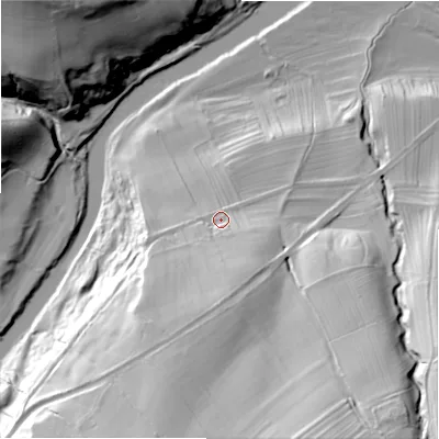Shaded relief map of the ground around DL116AD, computed from Environment Agency LiDAR. The ground here sits at about 161 m above sea level and falls 53 m across the surrounding 800 m. Surface water reaching this point runs off ground lying to the south, 15.7 m higher.